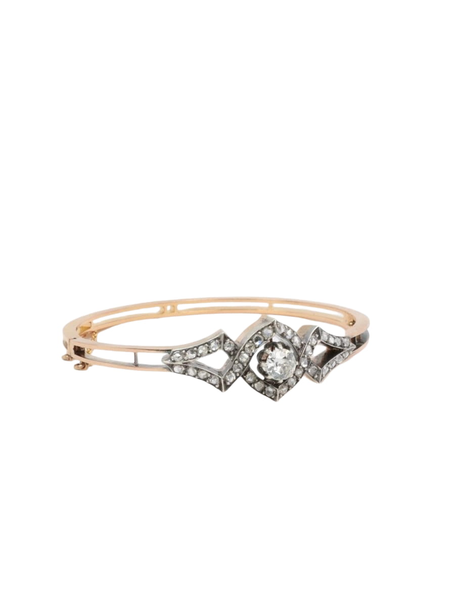 Bracelet jonc ancien fin 19ème en or rose, argent et diamants taille ancienne - Castafiore