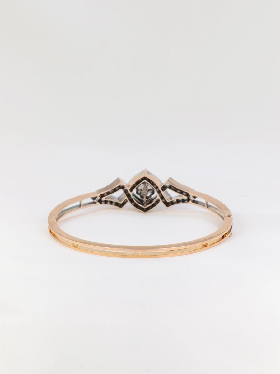 Bracelet jonc ancien fin 19ème en or rose, argent et diamants taille ancienne - Castafiore
