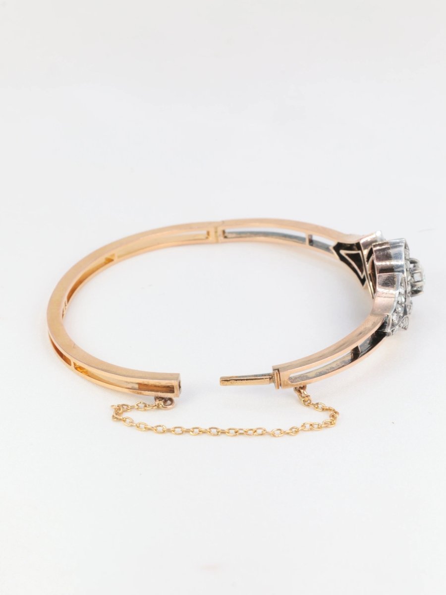 Bracelet jonc ancien fin 19ème en or rose, argent et diamants taille ancienne - Castafiore