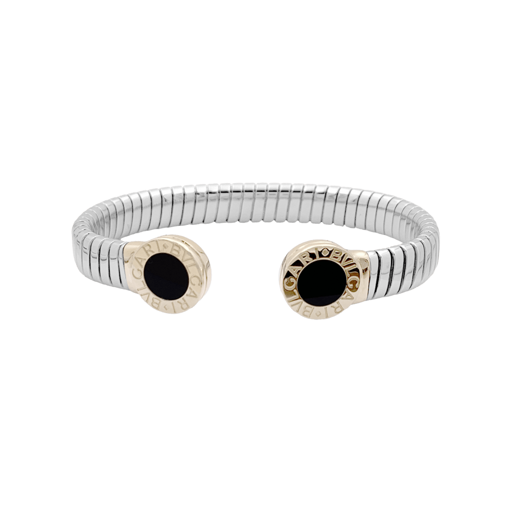 Bracelet Jonc BULGARI "Bulgari - Bulgari" en or jaune, acier et onyx - Castafiore