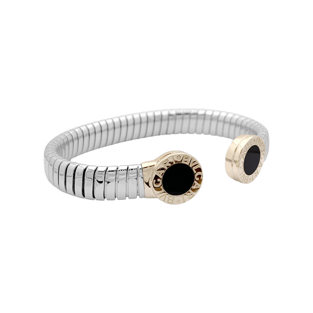 Bracelet Jonc BULGARI "Bulgari - Bulgari" en or jaune, acier et onyx - Castafiore