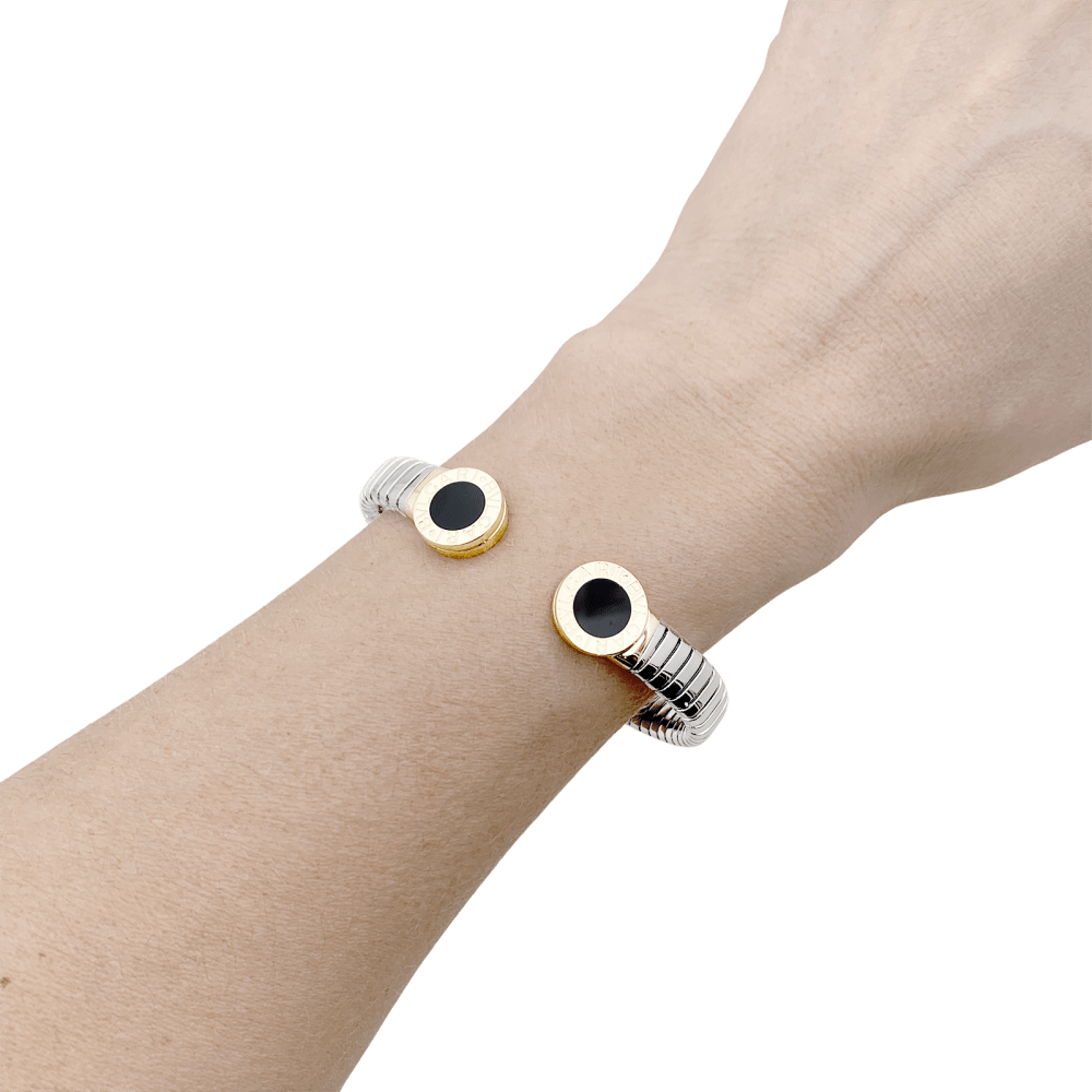 Bracelet Jonc BULGARI "Bulgari - Bulgari" en or jaune, acier et onyx - Castafiore