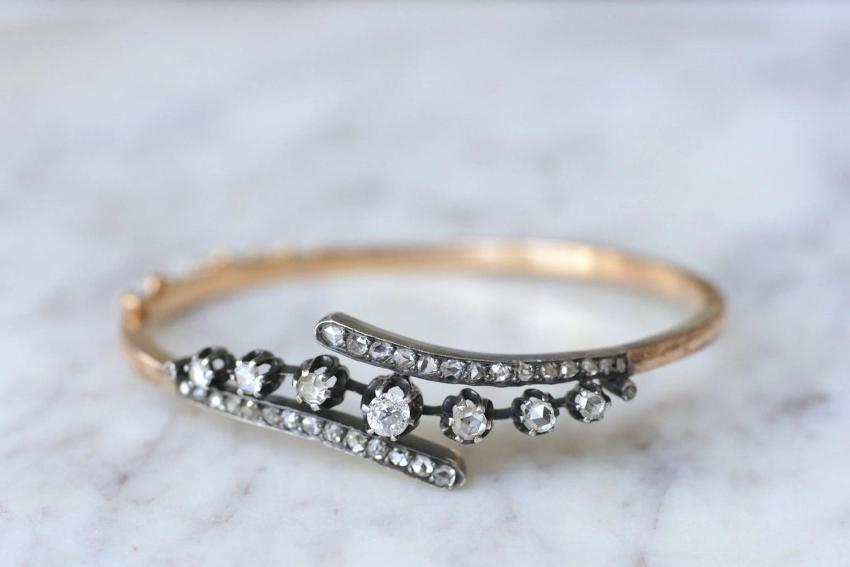 Bracelet jonc diamants sur or rose et argent - Castafiore