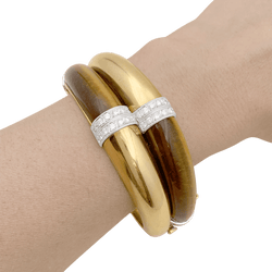 Bracelet Jonc en or jaune, or blanc, oeil de tigre et diamants - Castafiore