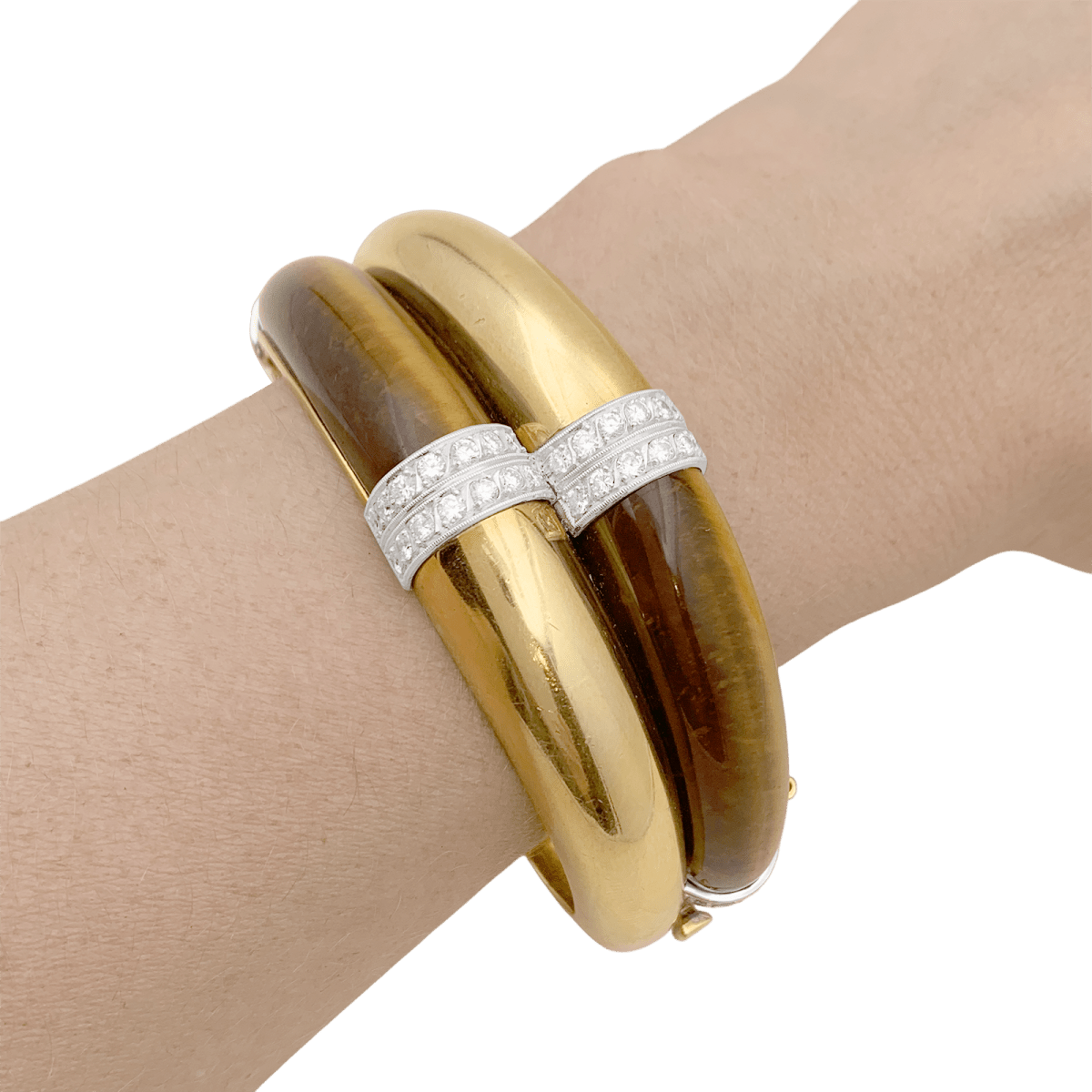 Bracelet Jonc en or jaune, or blanc, oeil de tigre et diamants - Castafiore