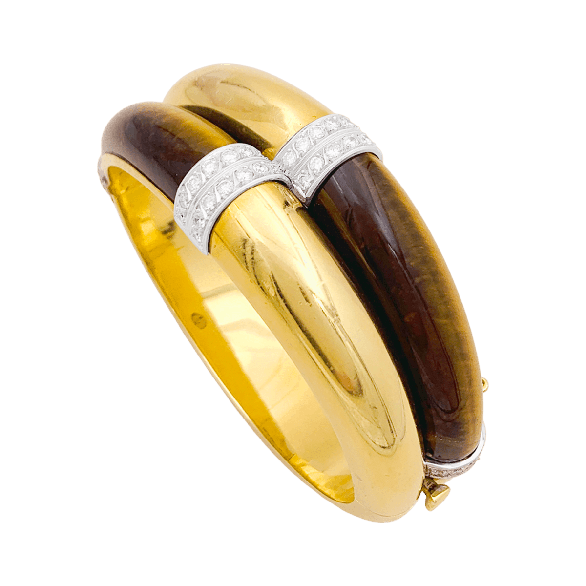 Bracelet Jonc en or jaune, or blanc, oeil de tigre et diamants - Castafiore