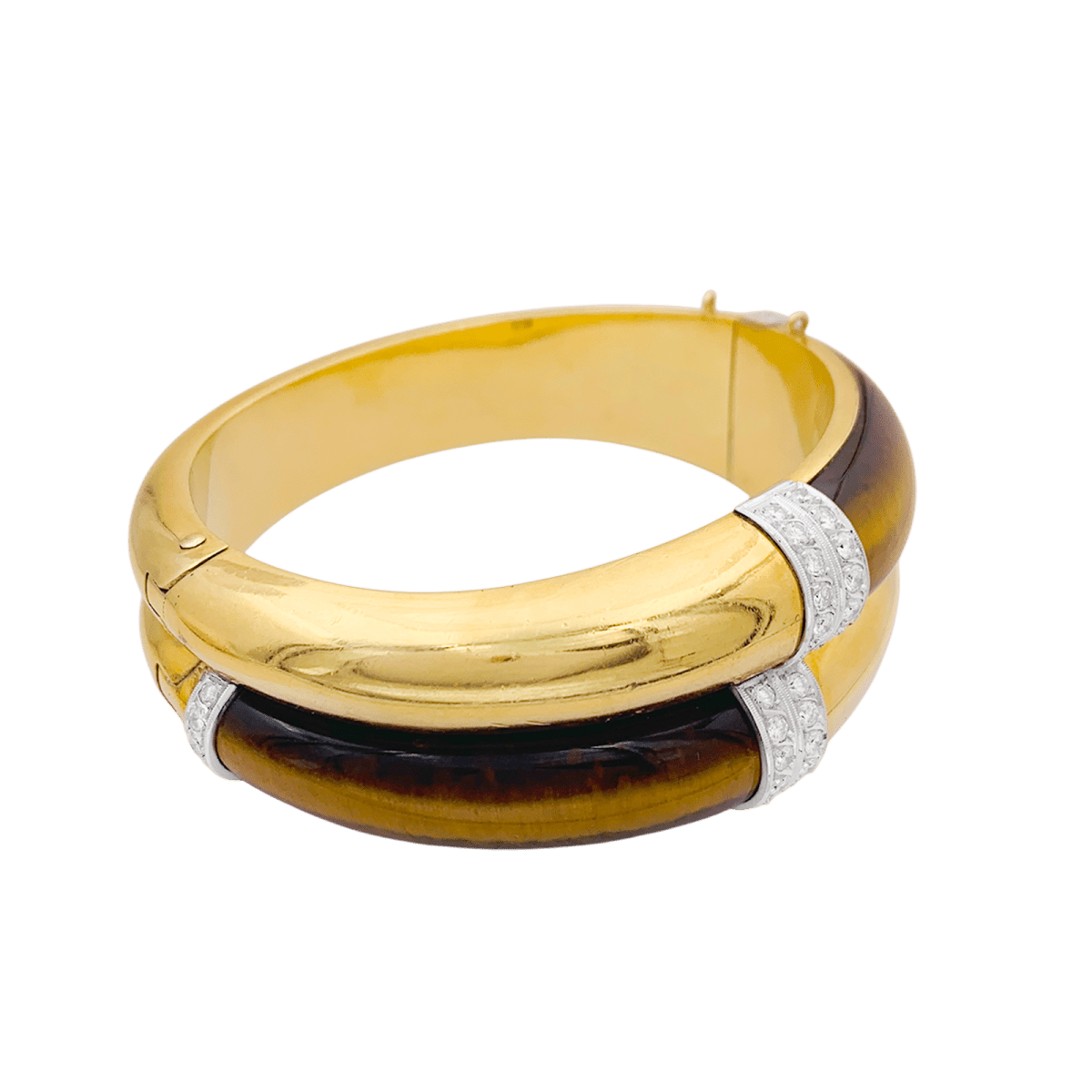 Bracelet Jonc en or jaune, or blanc, oeil de tigre et diamants - Castafiore