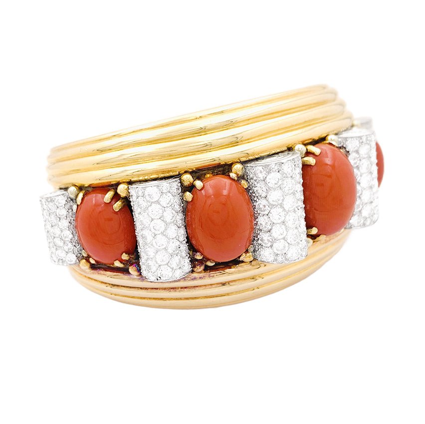 Bracelet jonc RENÉ BOIVIN en platine, or jaune, corail et diamants - Castafiore