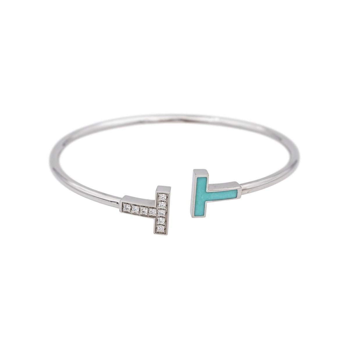 Bracelet Jonc TIFFANY & CO. "Tiffany T" en or blanc, turquoise et diamants - Castafiore