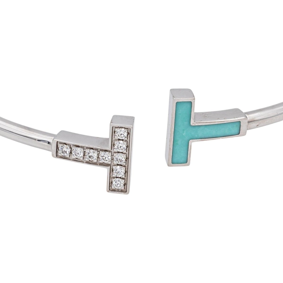 Bracelet Jonc TIFFANY & CO. "Tiffany T" en or blanc, turquoise et diamants - Castafiore