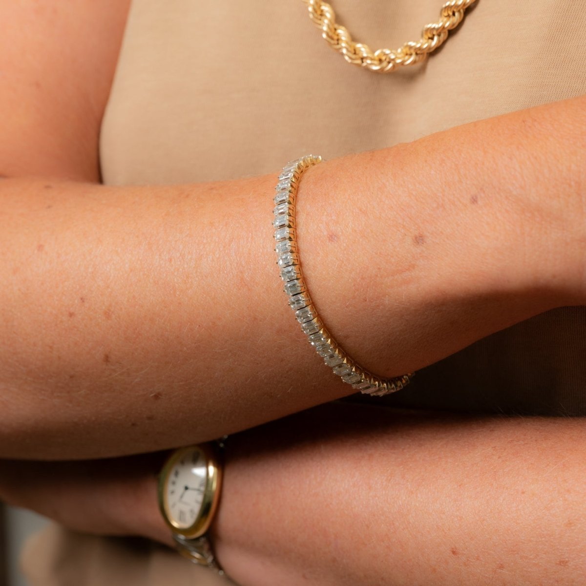 Bracelet Ligne tennis en or jaune, platine et diamants - Castafiore