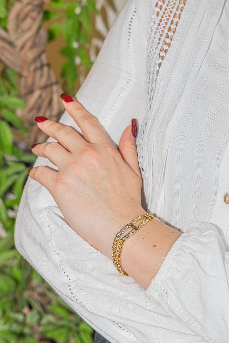 Bracelet Maille Gourmette en Or jaune, Or blanc et Diamant - Castafiore