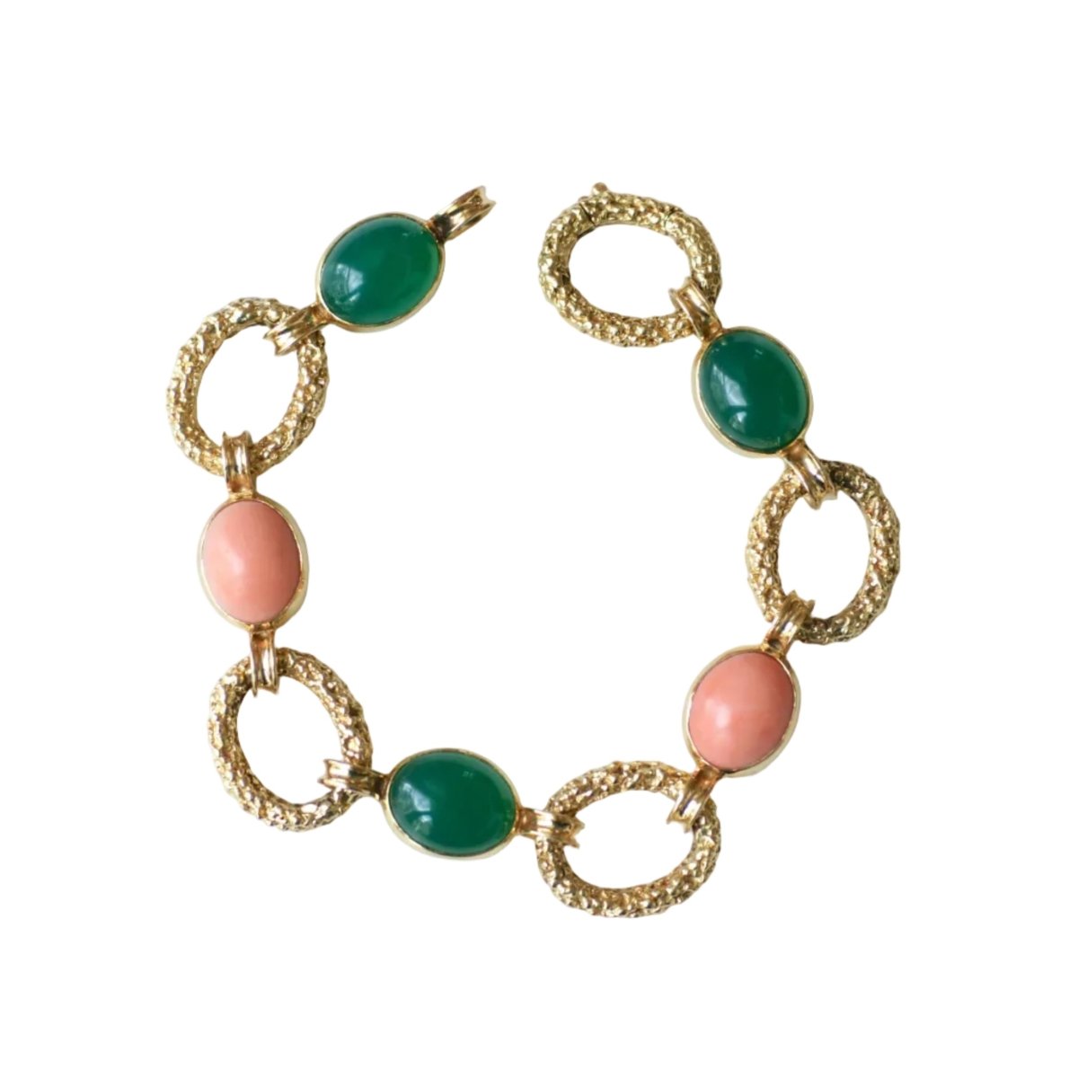 Bracelet Maille VAN CLEEF & ARPELS "Delphes" en or jaune, corail et chrysoprase - Castafiore