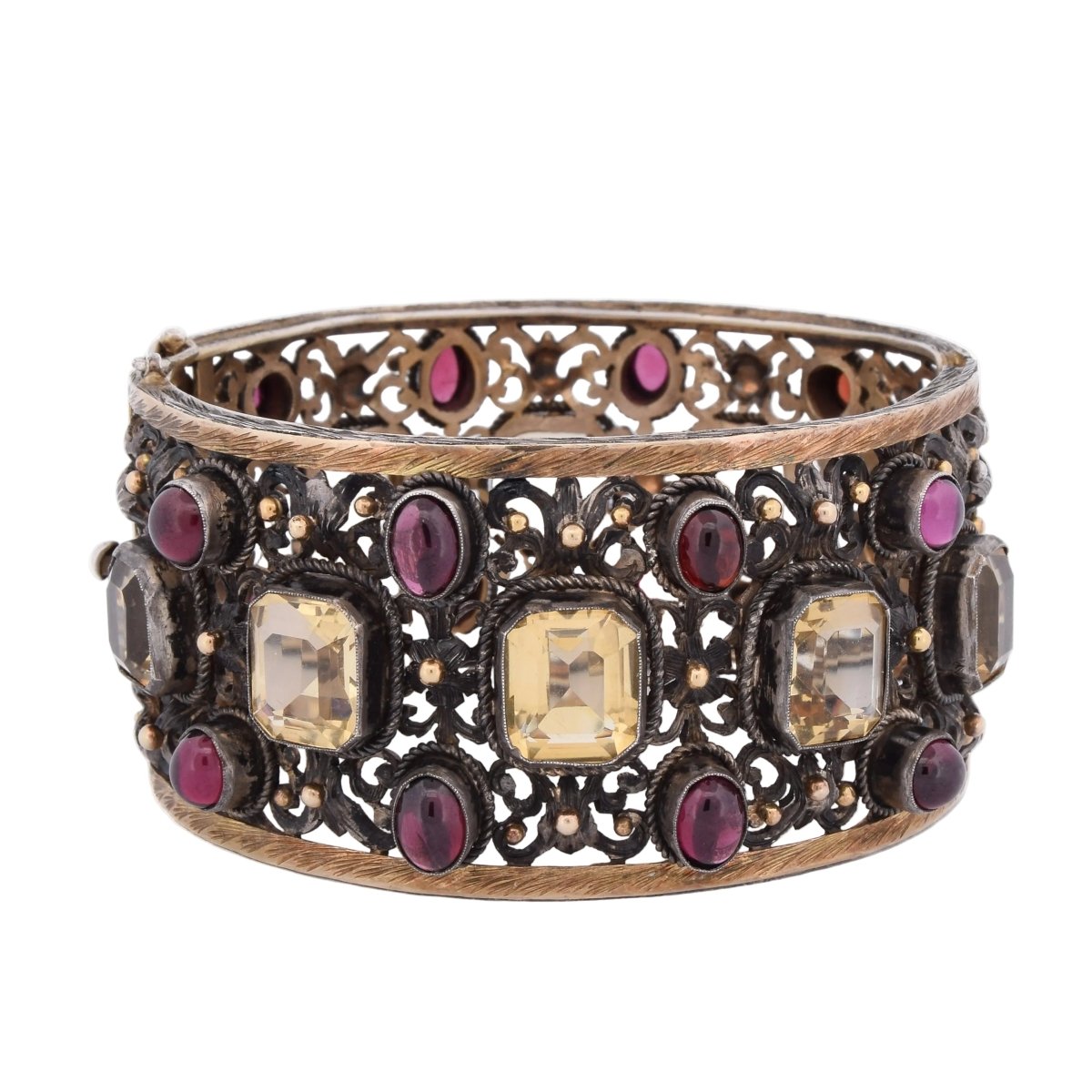Bracelet Manchette en or jaune, argent, béryls et grenats - Castafiore