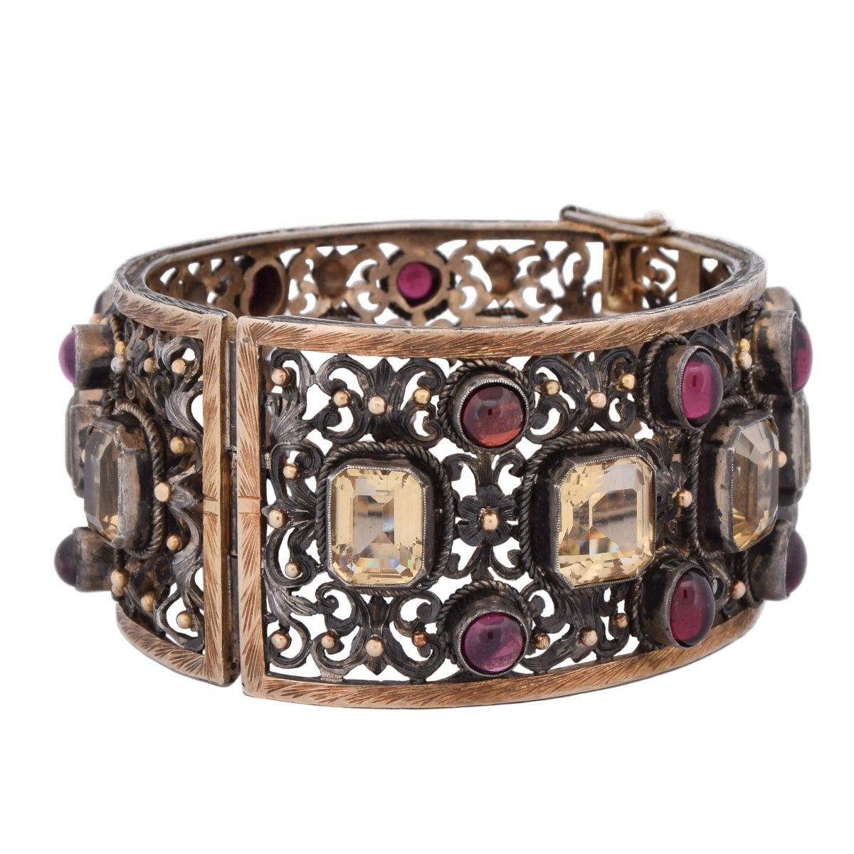 Bracelet Manchette en or jaune, argent, béryls et grenats - Castafiore