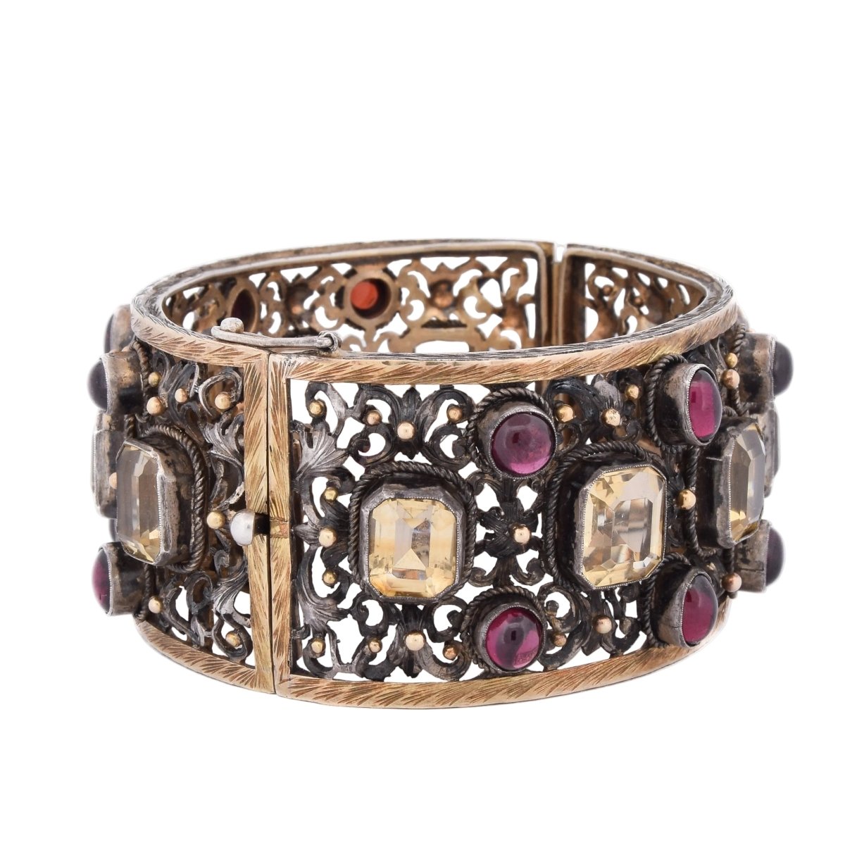 Bracelet Manchette en or jaune, argent, béryls et grenats - Castafiore
