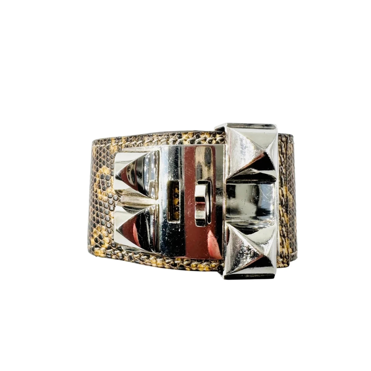 Bracelet Manchette HERMÈS "Collier de chien" en cuir et acier - Castafiore