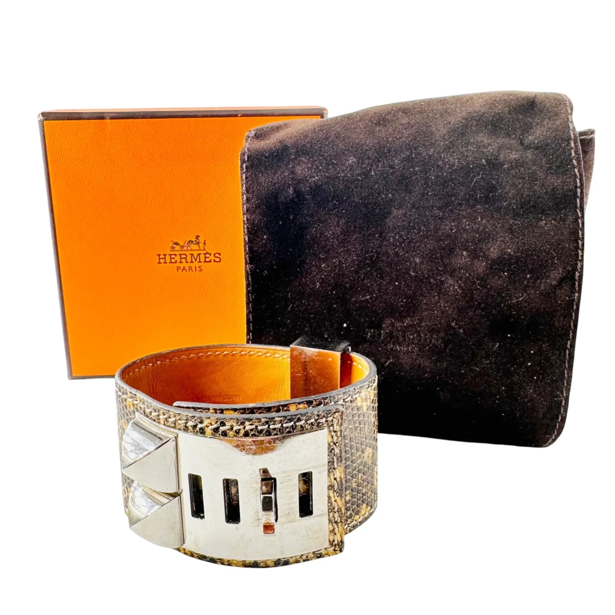 Bracelet Manchette HERMÈS "Collier de chien" en cuir et acier - Castafiore