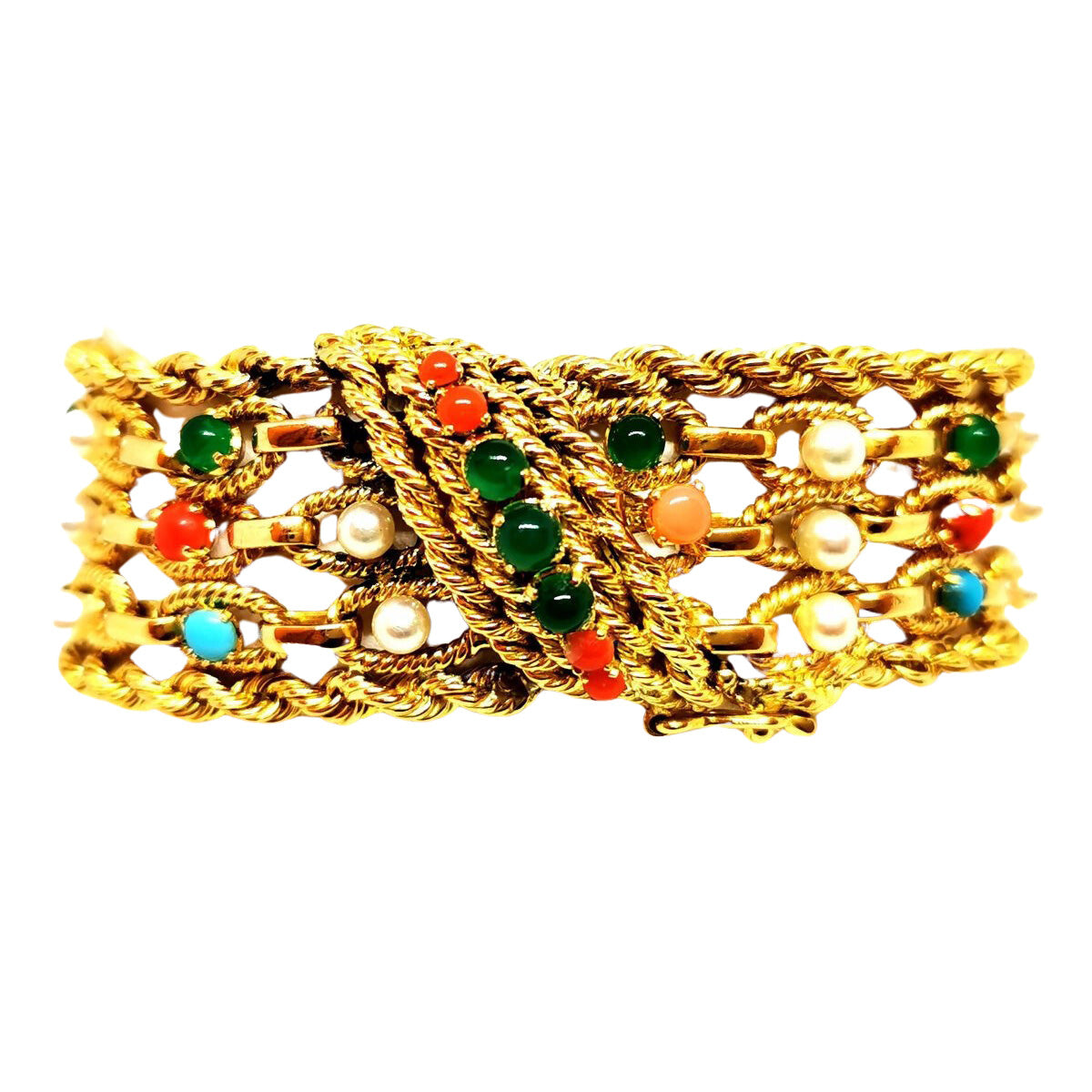 Bracelet Manchette maille en or jaune, cornaline, chrysoprases, turquoise et perles