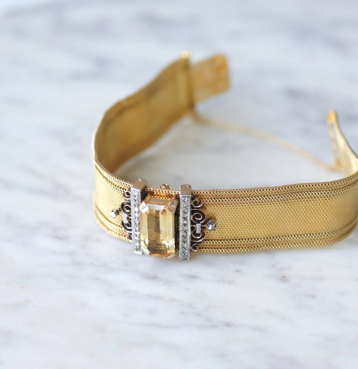 Bracelet manchette maille milanaise, diamants et citrine - Castafiore