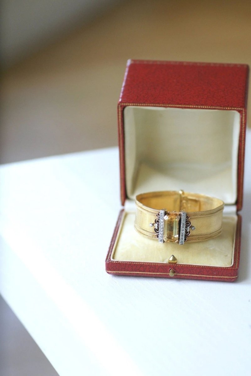 Bracelet manchette maille milanaise, diamants et citrine - Castafiore