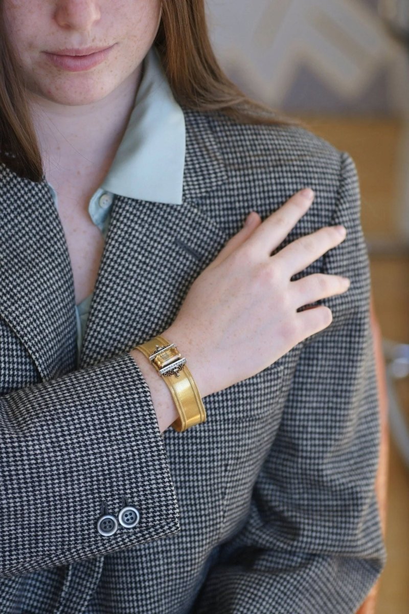 Bracelet manchette maille milanaise, diamants et citrine - Castafiore