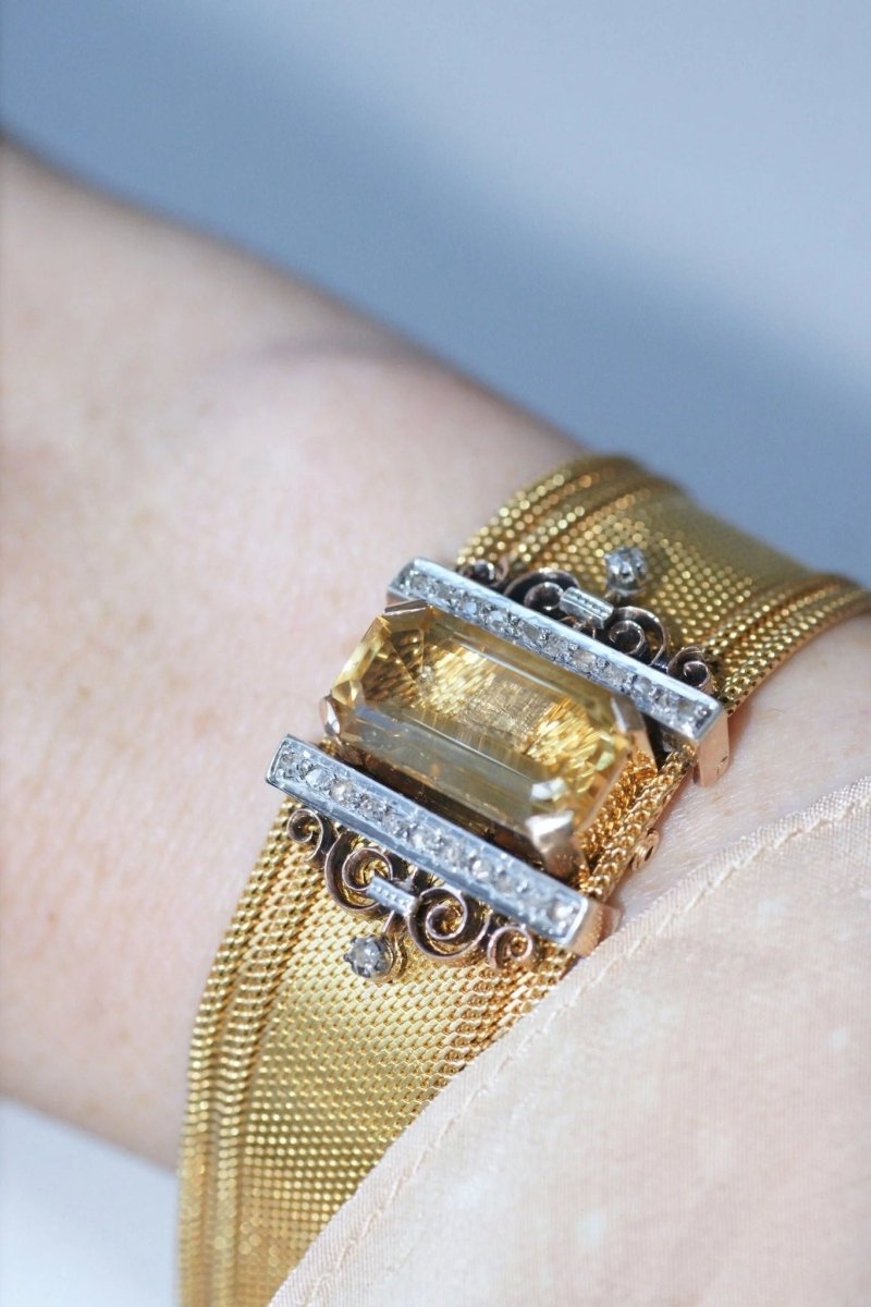 Bracelet manchette maille milanaise, diamants et citrine - Castafiore