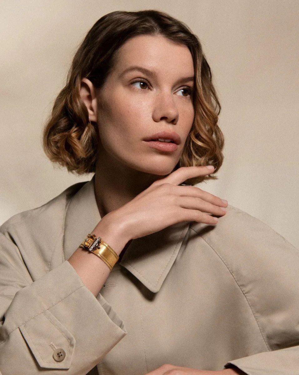 Bracelet manchette maille milanaise, diamants et citrine - Castafiore