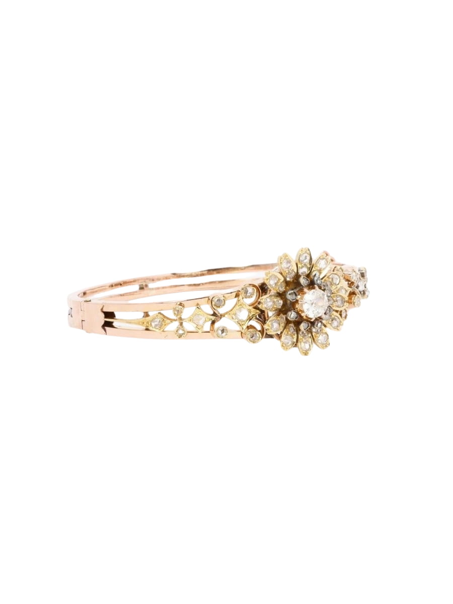 Bracelet Napoléon III fleur mobile or rose diamants taille ancienne - Castafiore