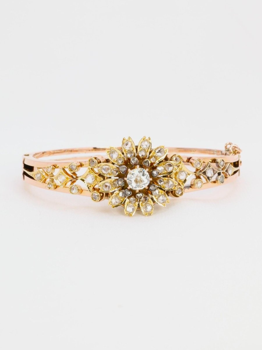 Bracelet Napoléon III fleur mobile or rose diamants taille ancienne - Castafiore