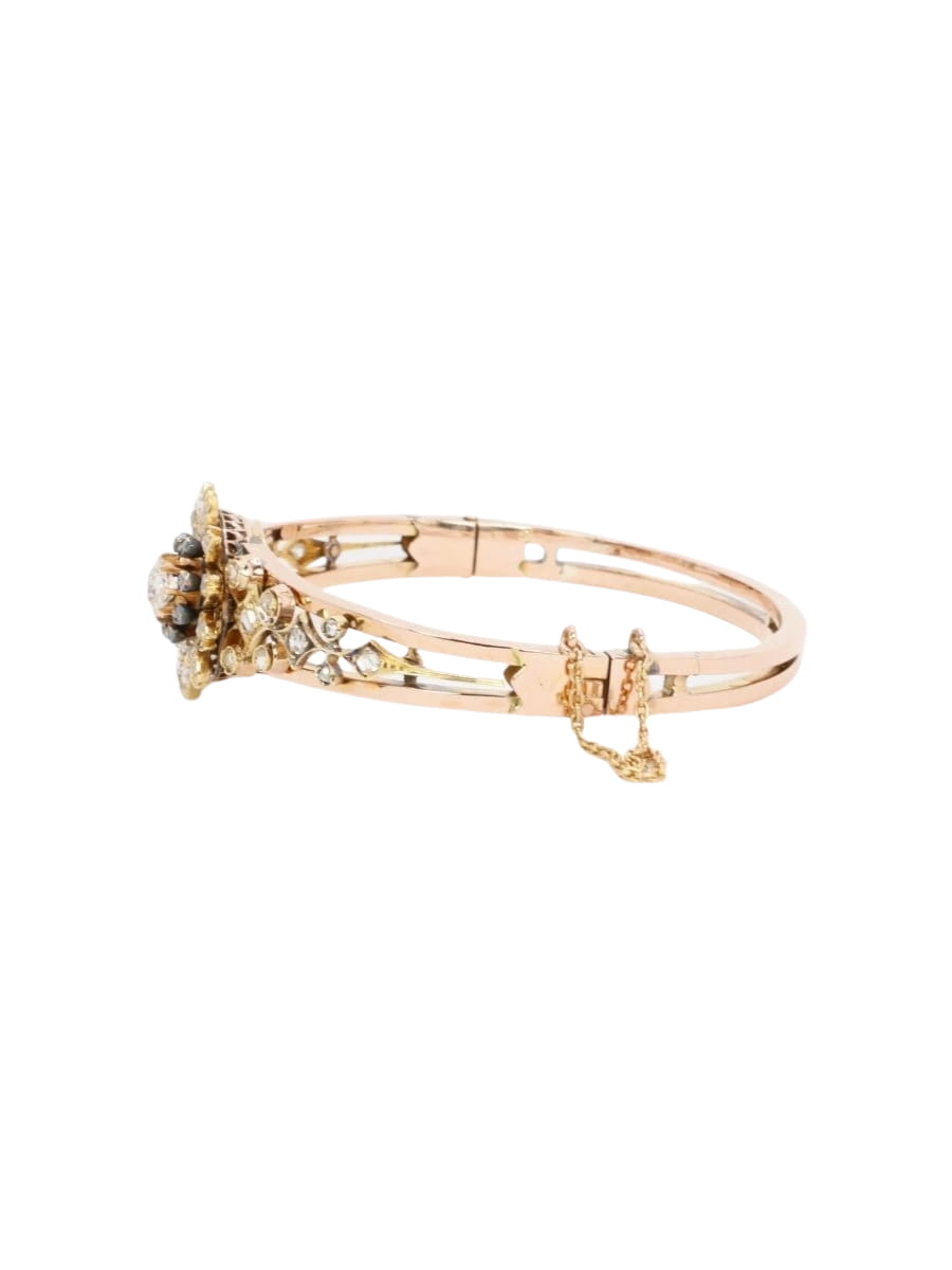 Bracelet Napoléon III fleur mobile or rose diamants taille ancienne - Castafiore