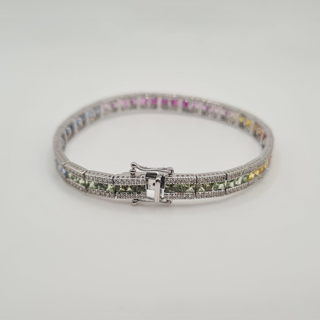 Bracelet or blanc serti de diamants et saphir multi-couleur - Castafiore