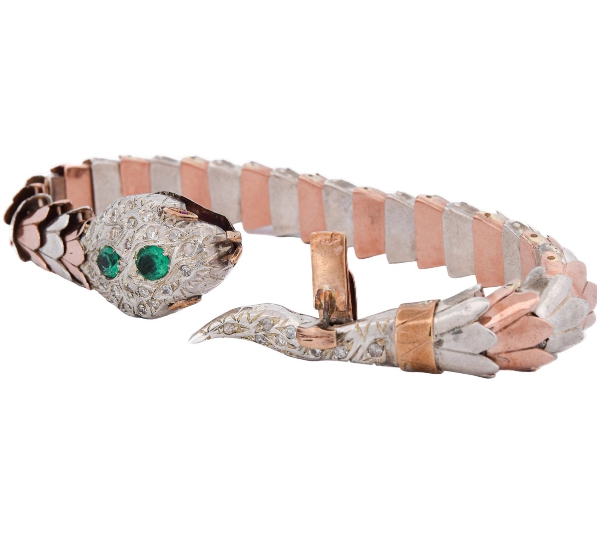 Bracelet Souple en or rose, argent, émeraudes et diamants - Castafiore