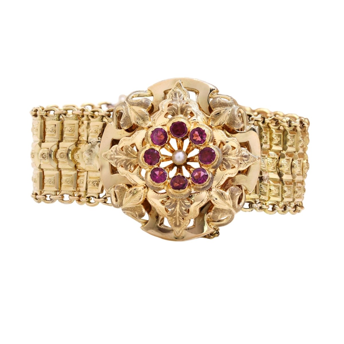 Bracelet Tank en or jaune, perle et grenats - Castafiore