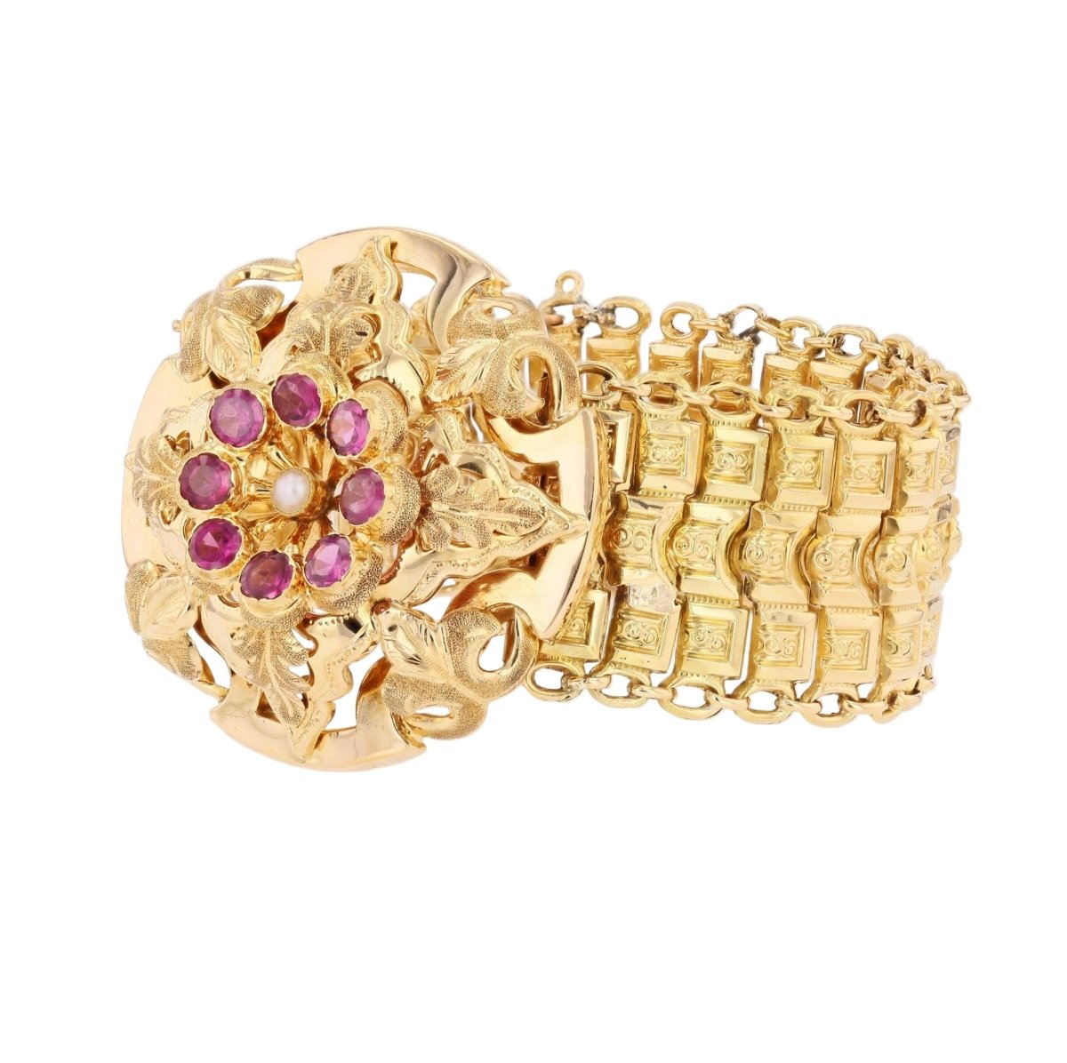 Bracelet Tank en or jaune, perle et grenats - Castafiore