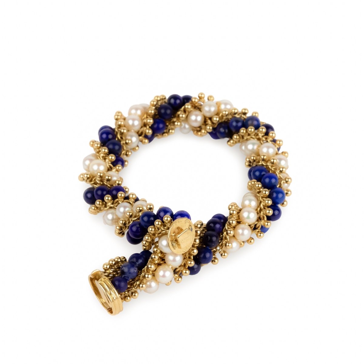 Bracelet VCA "Twist" en or jaune, perles et lapis - lazuli - Castafiore