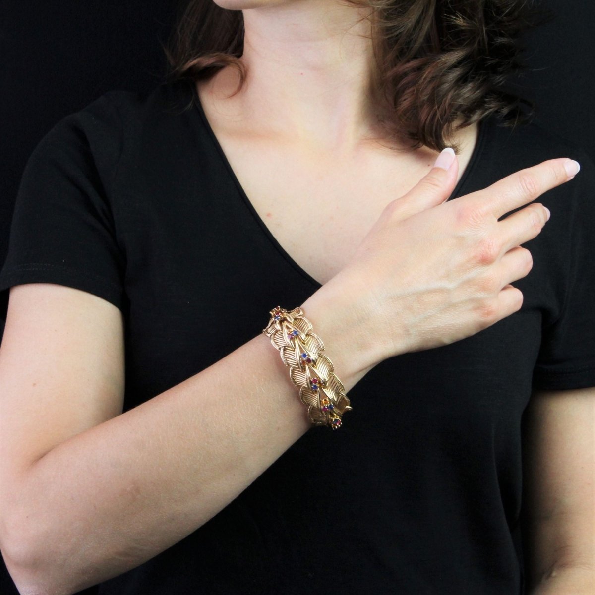 Bracelet VINTAGE Rétro en or rose saphirs rubis citrines - Castafiore