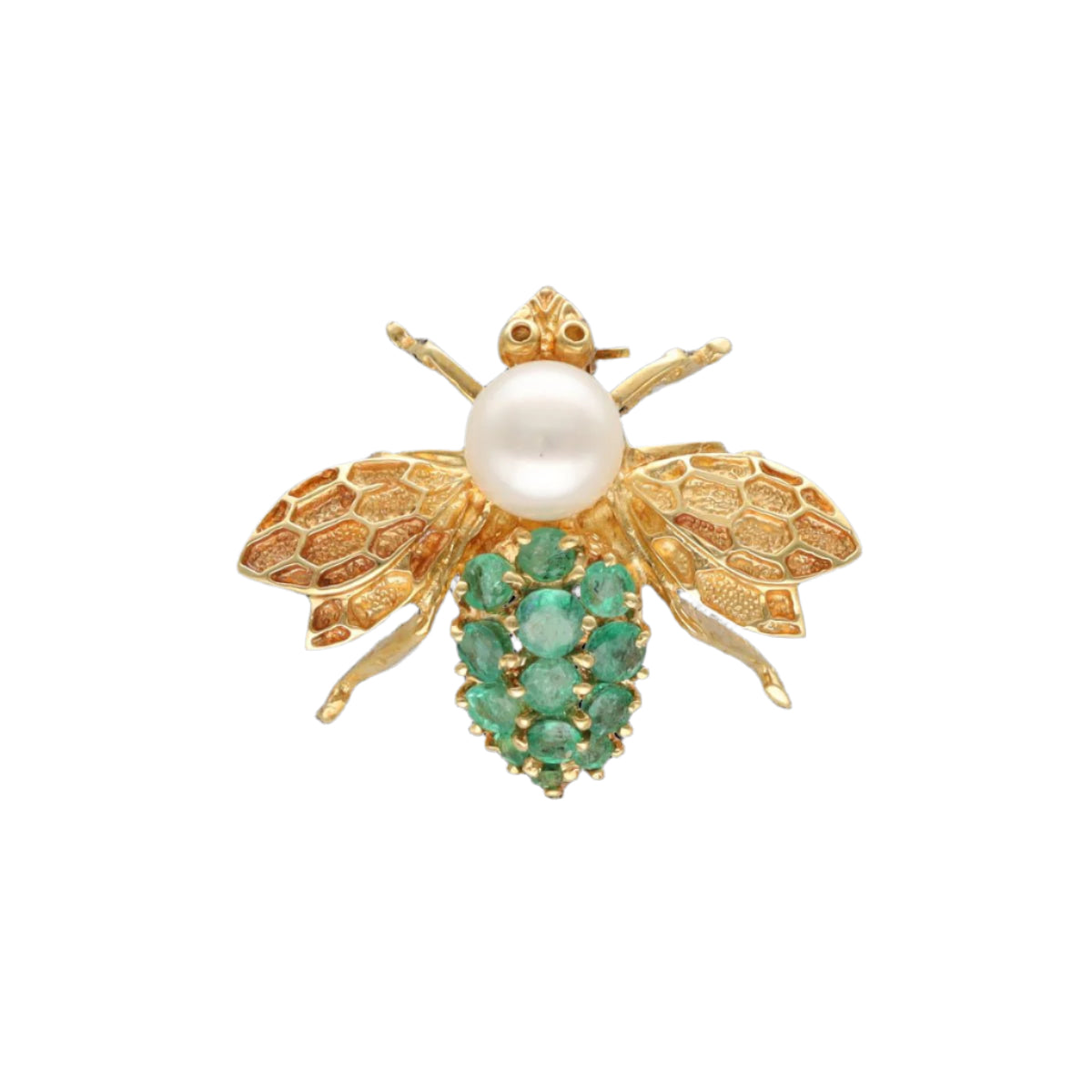 Broche "Abeille" Or jaune 18k avec Emeraudes et Perle de culture 1990. - Castafiore