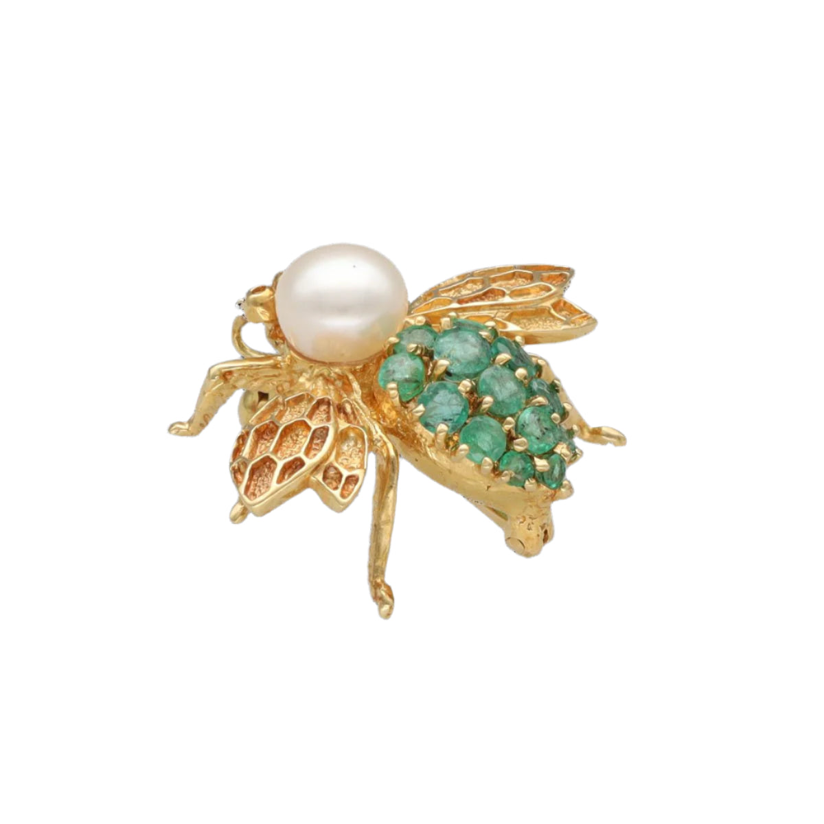 Broche "Abeille" Or jaune 18k avec Emeraudes et Perle de culture 1990. - Castafiore