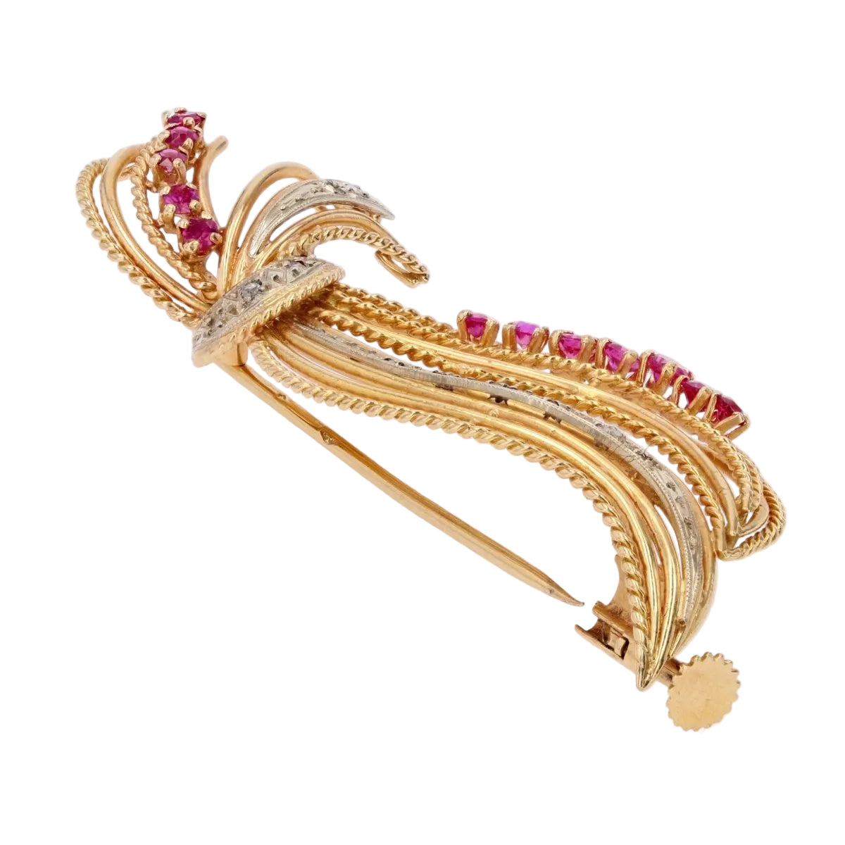 Broche ANCIENNE Ajourée en or jaune diamants et rubis - Castafiore