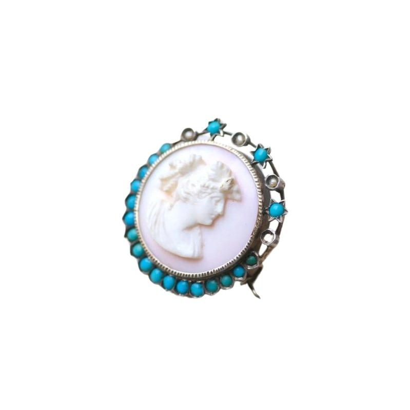 Broche ancienne Autrichienne camée coquille rose, turquoises, et perles sur argent - Castafiore