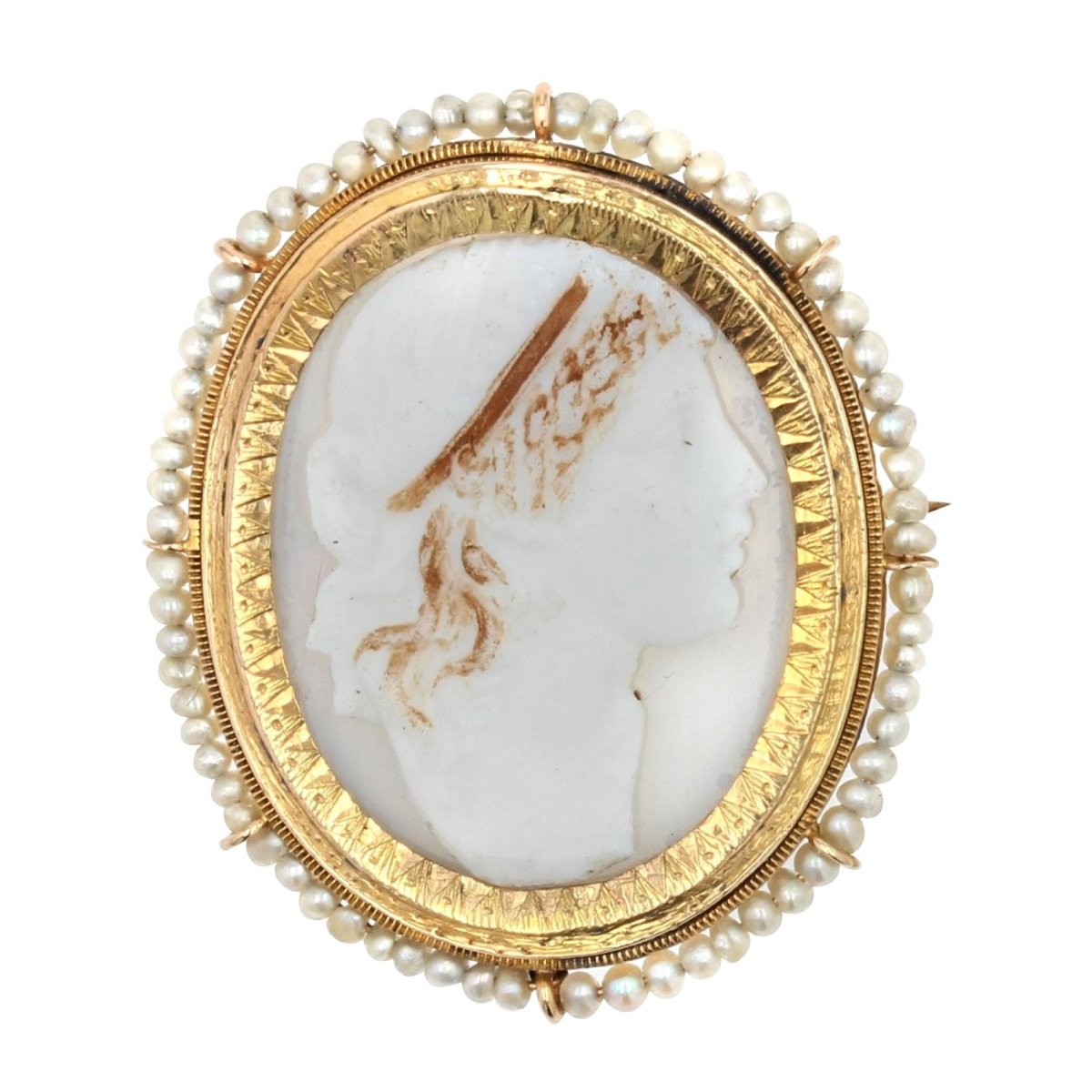 Broche ANCIENNE Camée en or jaune et perles fines - Castafiore