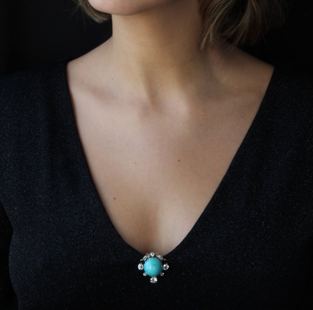 Broche ancienne clip turquoise et diamants - Castafiore