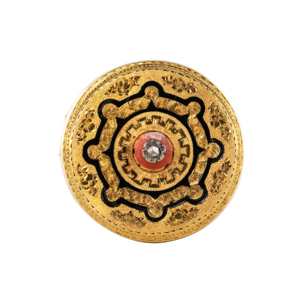 Broche ANCIENNE Corail email en or jaune et diamant - Castafiore