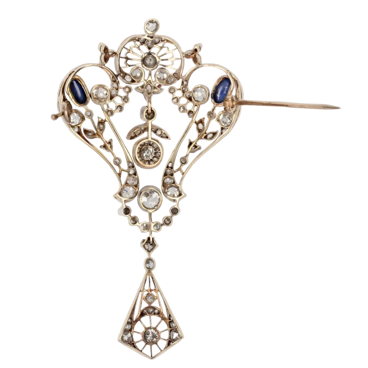 Broche ANCIENNE Dentelle en or rose et argent avec diamants et saphirs - Castafiore