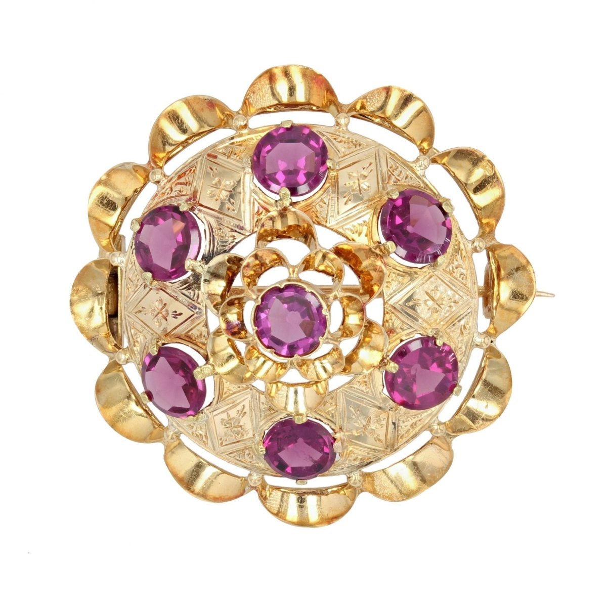 Broche ANCIENNE Dôme en or jaune et grenats - Castafiore