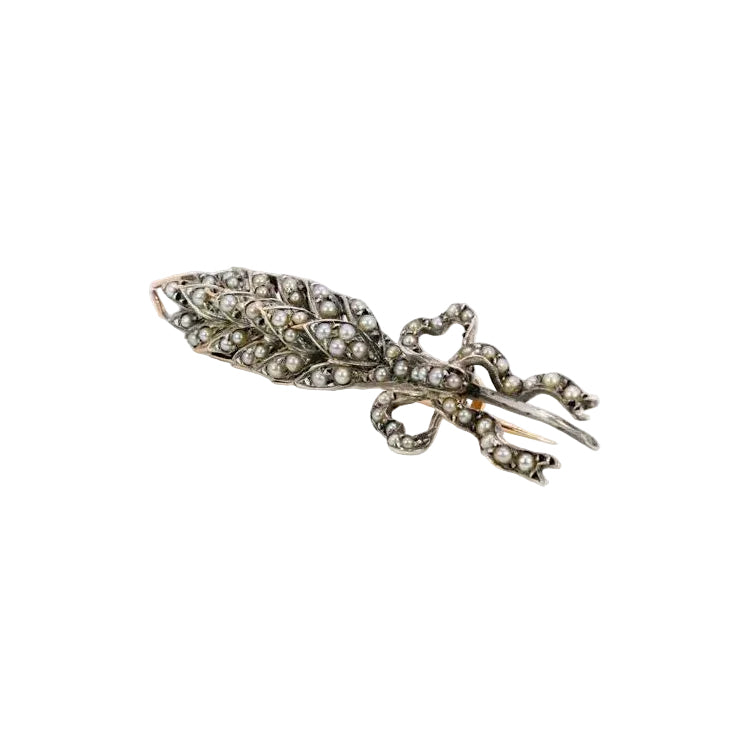 Broche ancienne épi de blé en or, argent et perles fines - Castafiore