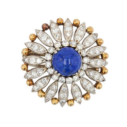 Broche ANCIENNE Fleur en or jaune et platine avec lapis lazuli et diamants - Castafiore