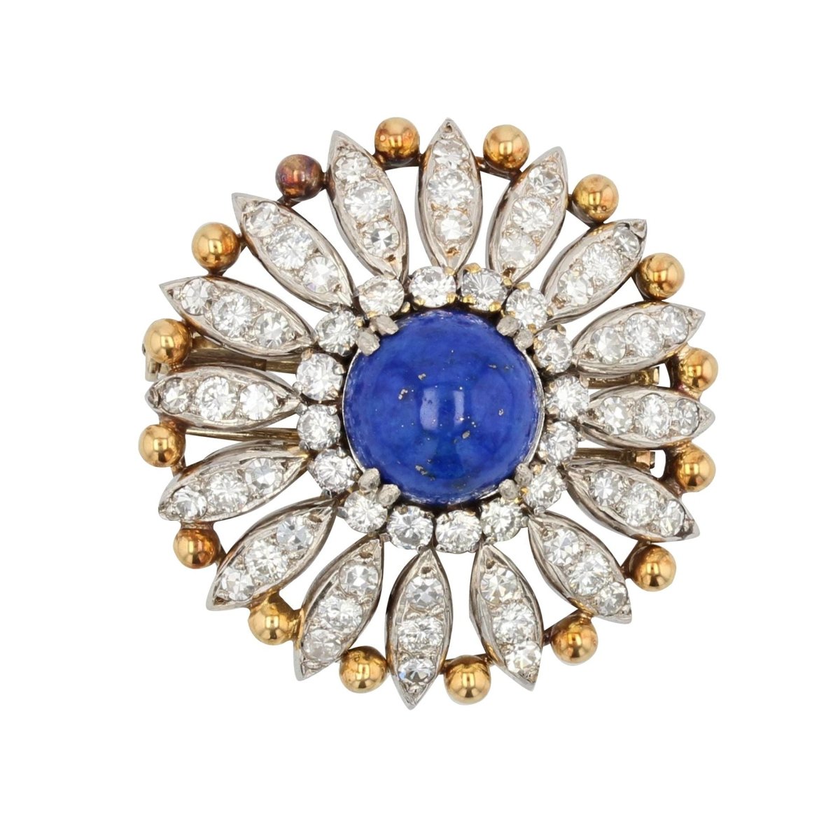 Broche ANCIENNE Fleur en or jaune et platine avec lapis lazuli et diamants - Castafiore
