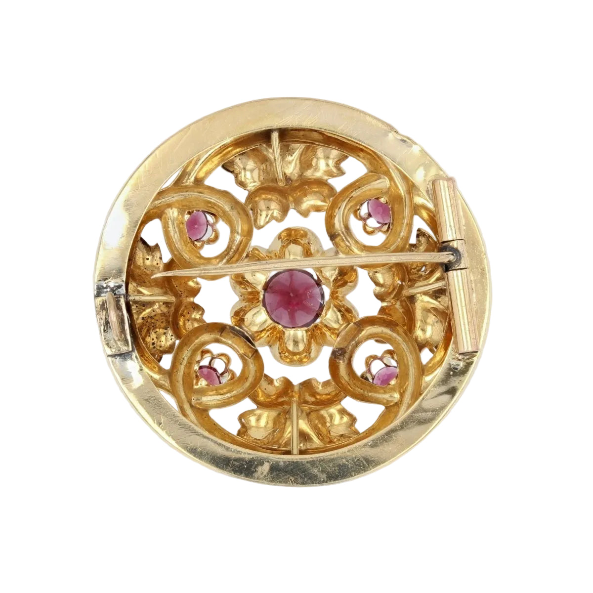 Broche ANCIENNE Forme ronde en or jaune perles fines et grenats - Castafiore